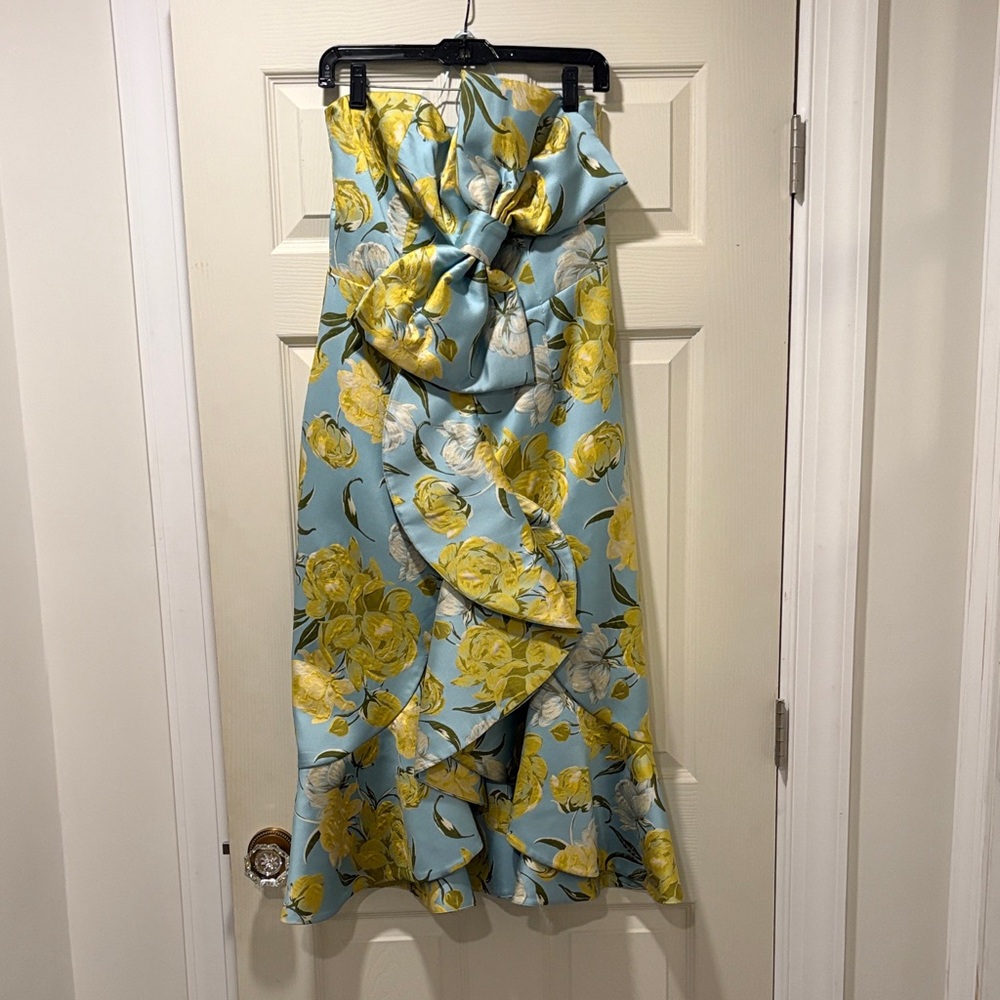 Strapless Floral Dress in Blue and Yellow
